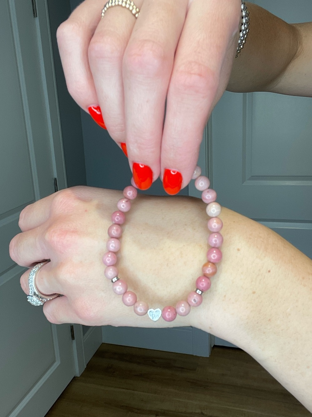 Pink Beaded Bracelet Set with Silver Accents